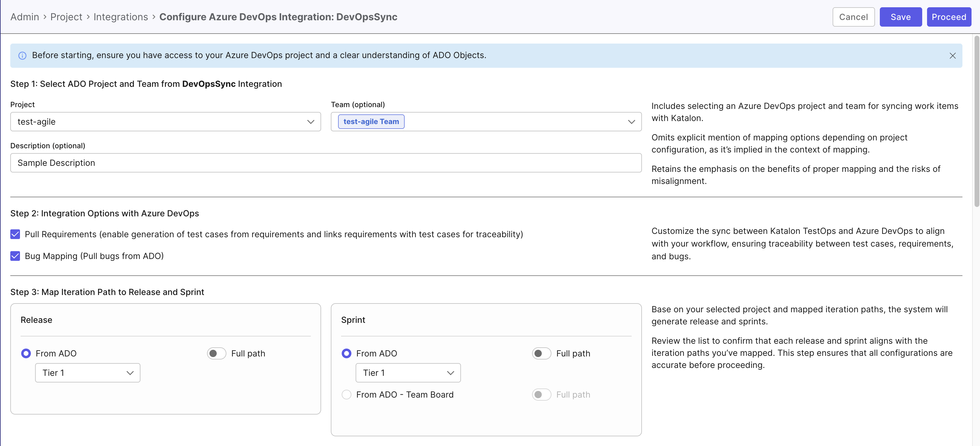 The Azure DevOps integration configuration page in Katalon TestOps.